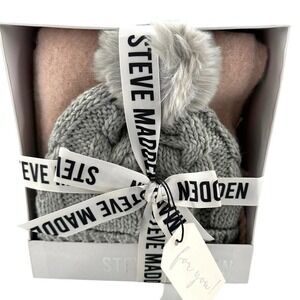 Steve Madden Fringe cable knit Scarf & pom pom Beanie Set grey & pink giftset
